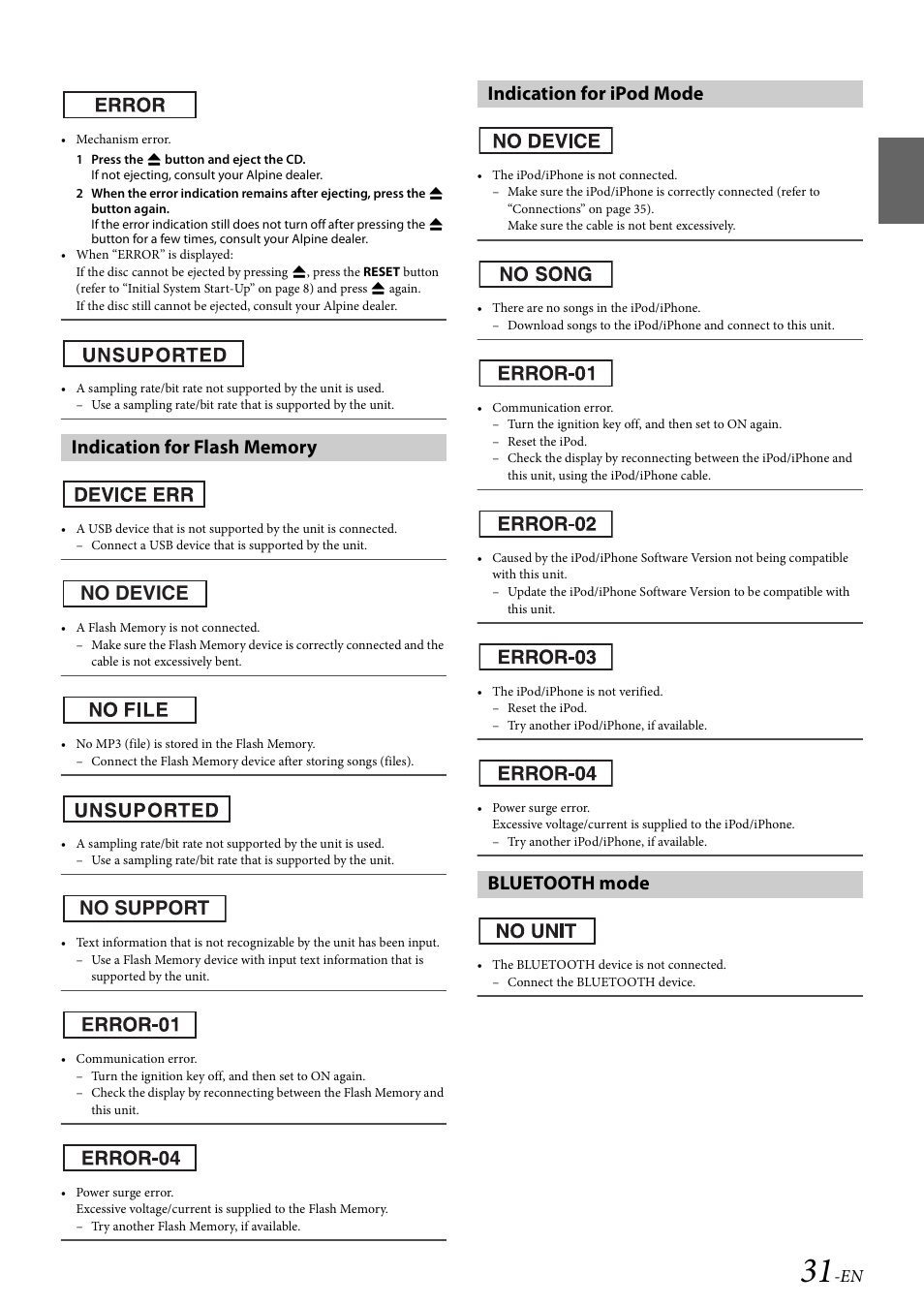 Indication for flash memory, Indication for ipod mode, Bluetooth mode | Alpine 68-21627Z13-A User Manual | Page 31 / 38