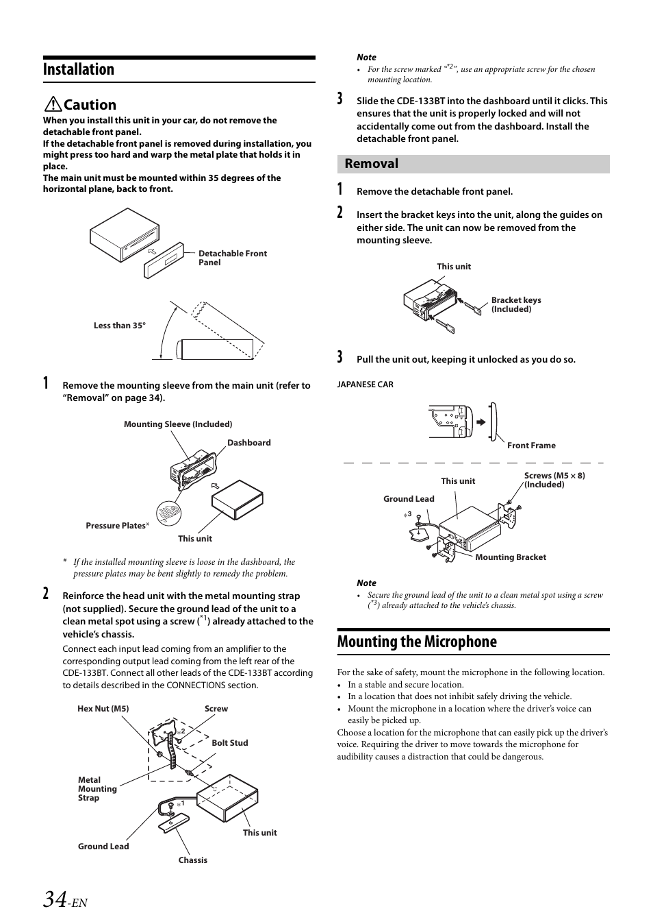 Installation, Removal, Mounting the microphone | Caution | Alpine 68-21627Z13-A User Manual | Page 34 / 38
