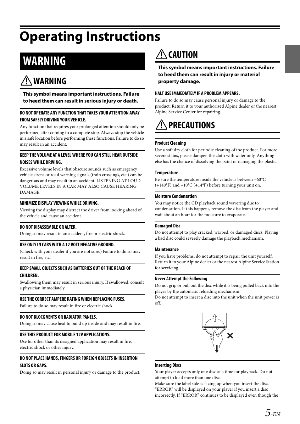 Operating instructions, Warning, Caution | Precautions | Alpine 68-21627Z13-A User Manual | Page 5 / 38