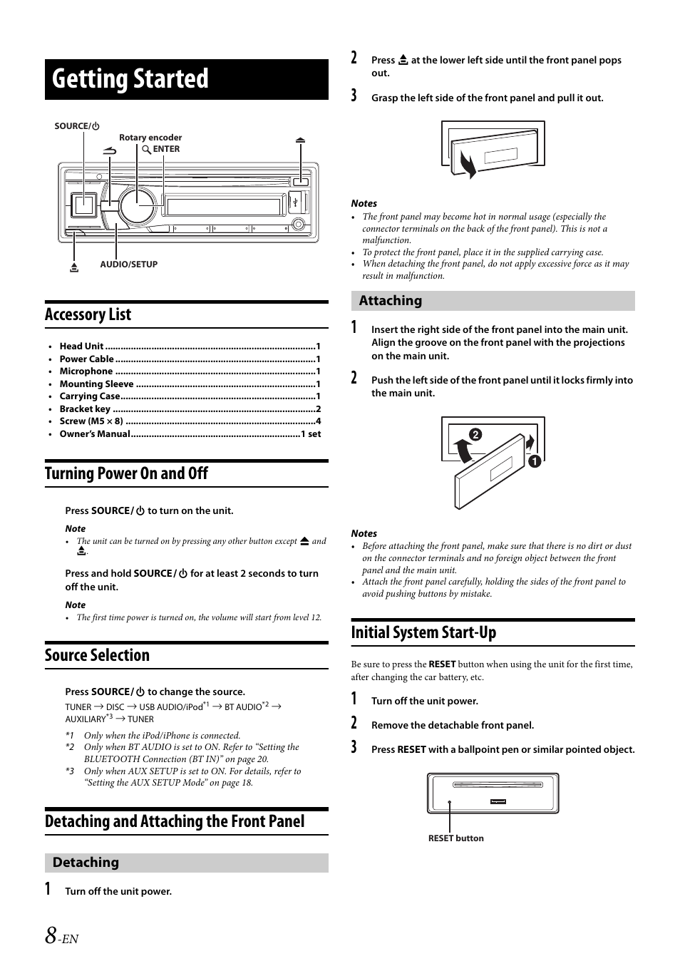 Getting started, Accessory list, Turning power on and off | Source selection, Detaching and attaching the front panel, Detaching, Attaching, Initial system start-up, Detaching attaching | Alpine 68-21627Z13-A User Manual | Page 8 / 38