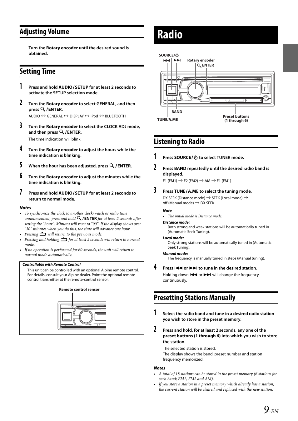 Adjusting volume, Setting time, Radio | Listening to radio, Presetting stations manually, Adjusting volume setting time, Listening to radio presetting stations manually | Alpine 68-21627Z13-A User Manual | Page 9 / 38