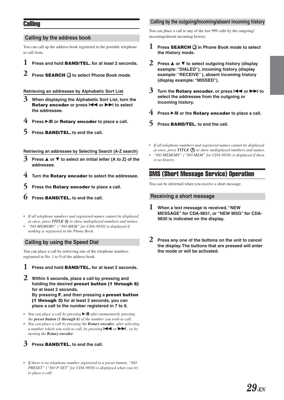 Sms (short message service) operation, Calling | Alpine CDA-9830 User Manual | Page 31 / 42