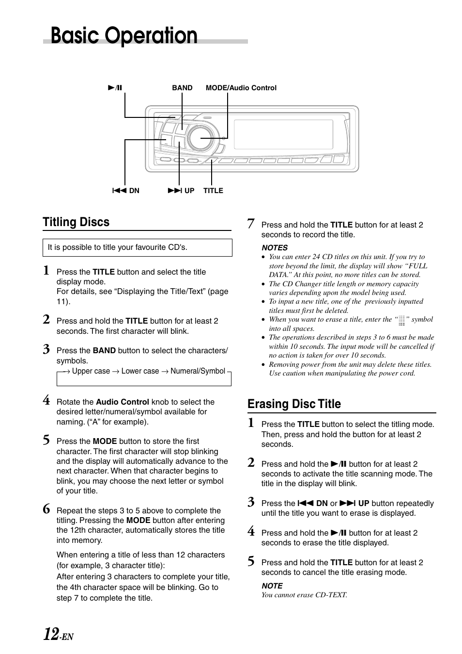 Basic operation, Titling discs, Erasing disc title | Alpine CDA-7878R User Manual | Page 14 / 48