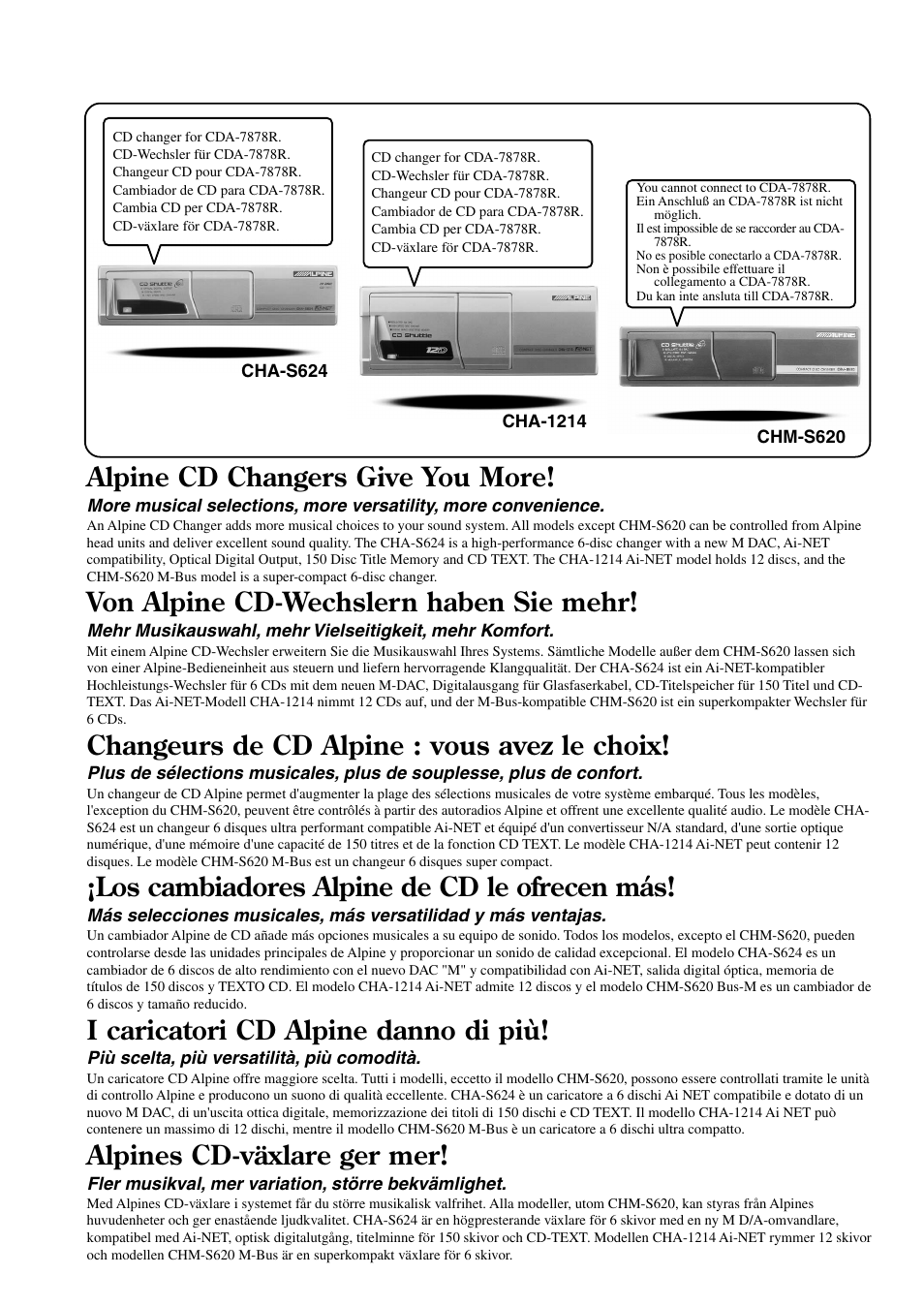Alpine cd changers give you more, Von alpine cd-wechslern haben sie mehr, Changeurs de cd alpine : vous avez le choix | Los cambiadores alpine de cd le ofrecen más, I caricatori cd alpine danno di più, Alpines cd-växlare ger mer | Alpine CDA-7878R User Manual | Page 2 / 48