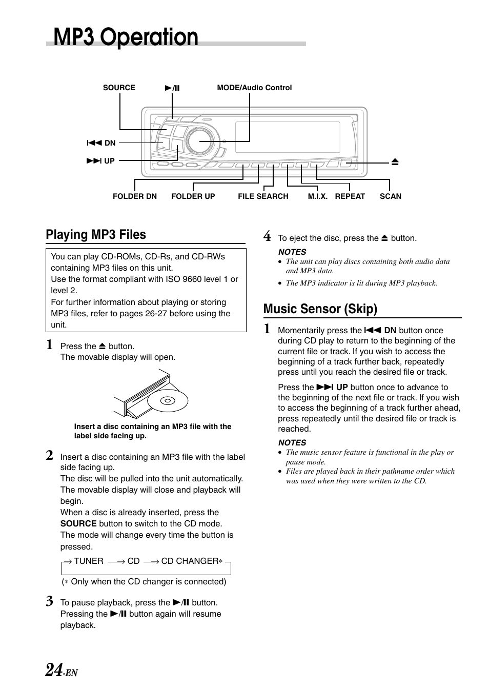 Mp3 operation, Playing mp3 files, Music sensor (skip) | Alpine CDA-7878R User Manual | Page 26 / 48