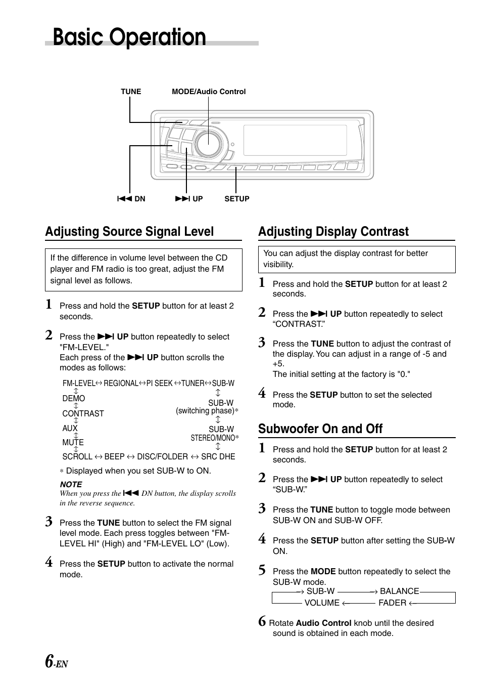 Basic operation, Subwoofer on and off, Adjusting display contrast | Adjusting source signal level | Alpine CDA-7878R User Manual | Page 8 / 48