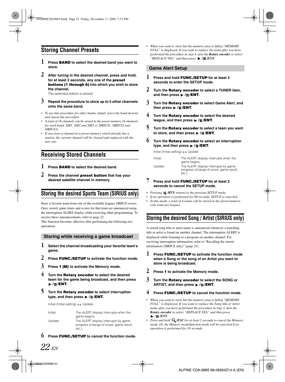 Storing channel presets, Receiving stored channels, Storing the desired sports team (sirius only) | Storing the desired song / artist (sirius only) | Alpine CDA-9885 User Manual | Page 24 / 41