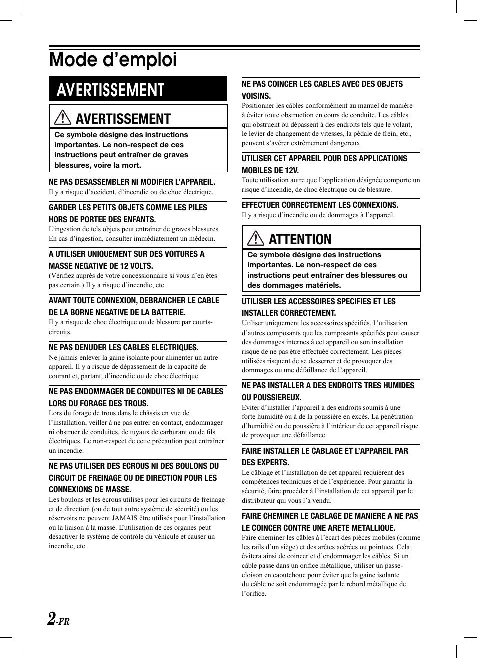 Mode d’emploi, Avertissement, Attention | Alpine KCA-620M User Manual | Page 12 / 44