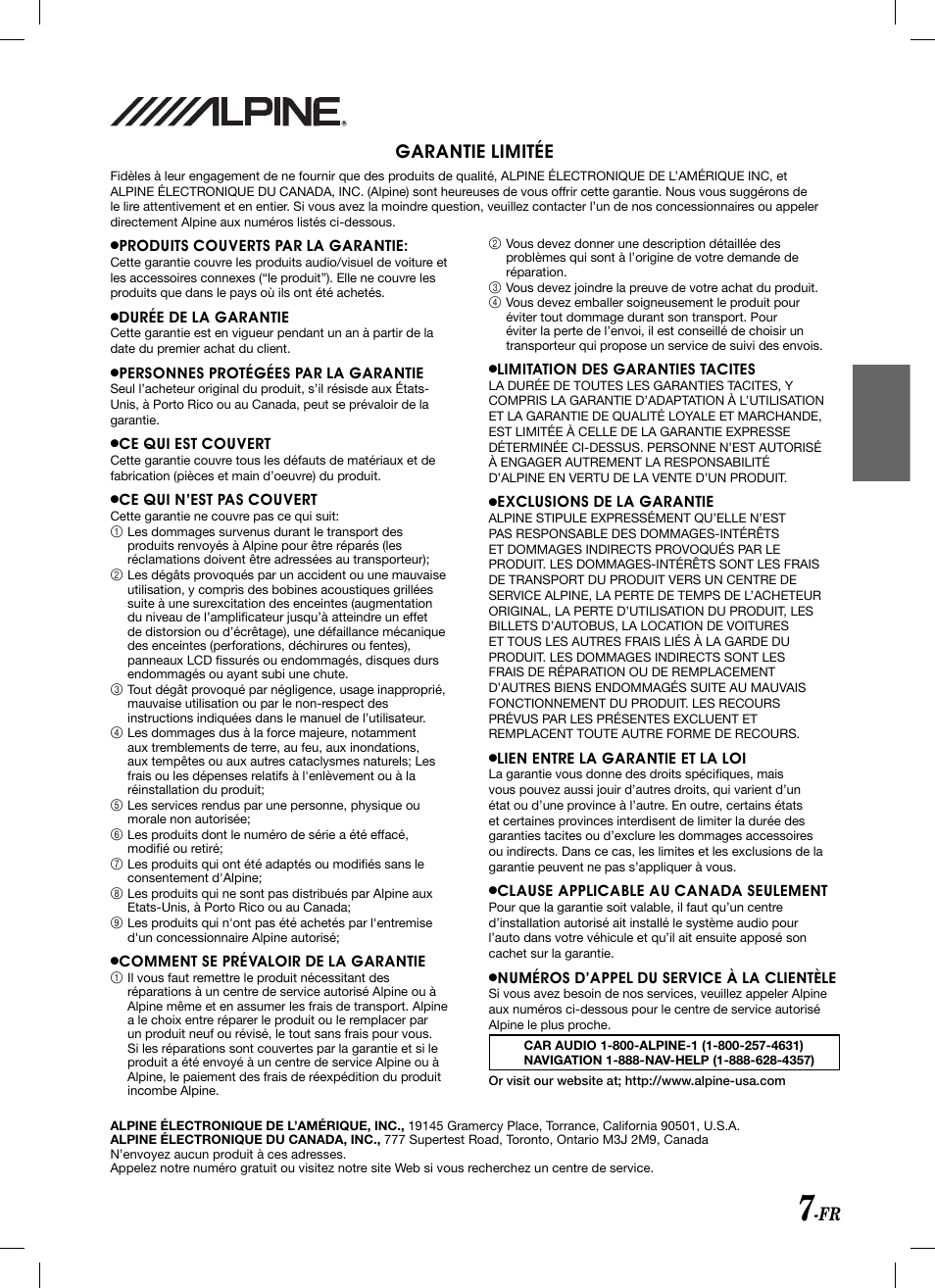 Garantie limitée | Alpine KCA-620M User Manual | Page 17 / 44