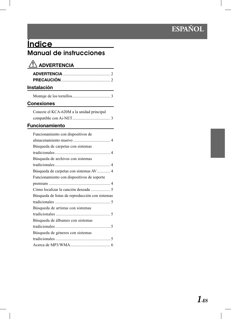 Índice, Español, Manual de instrucciones | Alpine KCA-620M User Manual | Page 19 / 44
