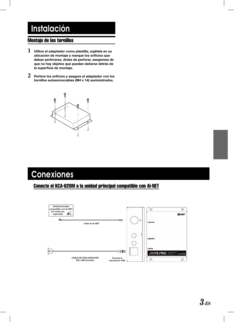 Instalación, Conexiones, Montaje de los tornillos | Alpine KCA-620M User Manual | Page 21 / 44