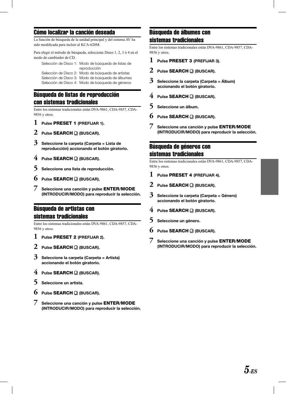 Cómo localizar la canción deseada, Búsqueda de artistas con sistemas tradicionales, Búsqueda de álbumes con sistemas tradicionales | Búsqueda de géneros con sistemas tradicionales | Alpine KCA-620M User Manual | Page 23 / 44