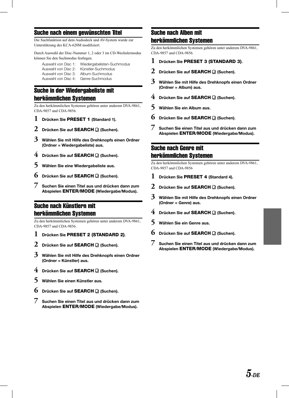Suche nach einem gewünschten titel, Suche nach künstlern mit herkömmlichen systemen, Suche nach alben mit herkömmlichen systemen | Suche nach genre mit herkömmlichen systemen | Alpine KCA-620M User Manual | Page 29 / 44