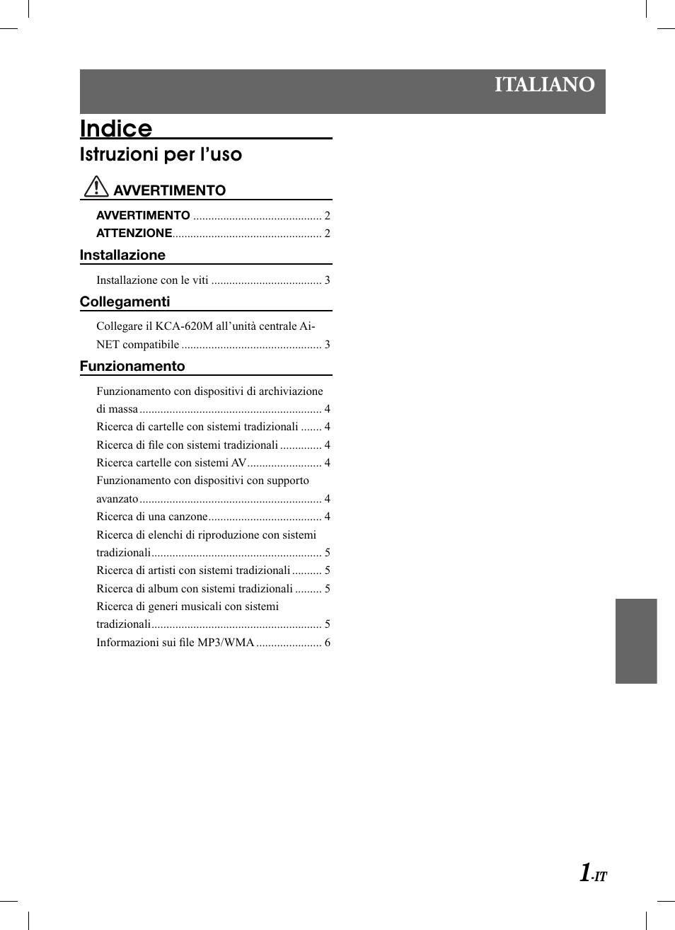 Indice, Italiano, Istruzioni per l’uso | Alpine KCA-620M User Manual | Page 31 / 44