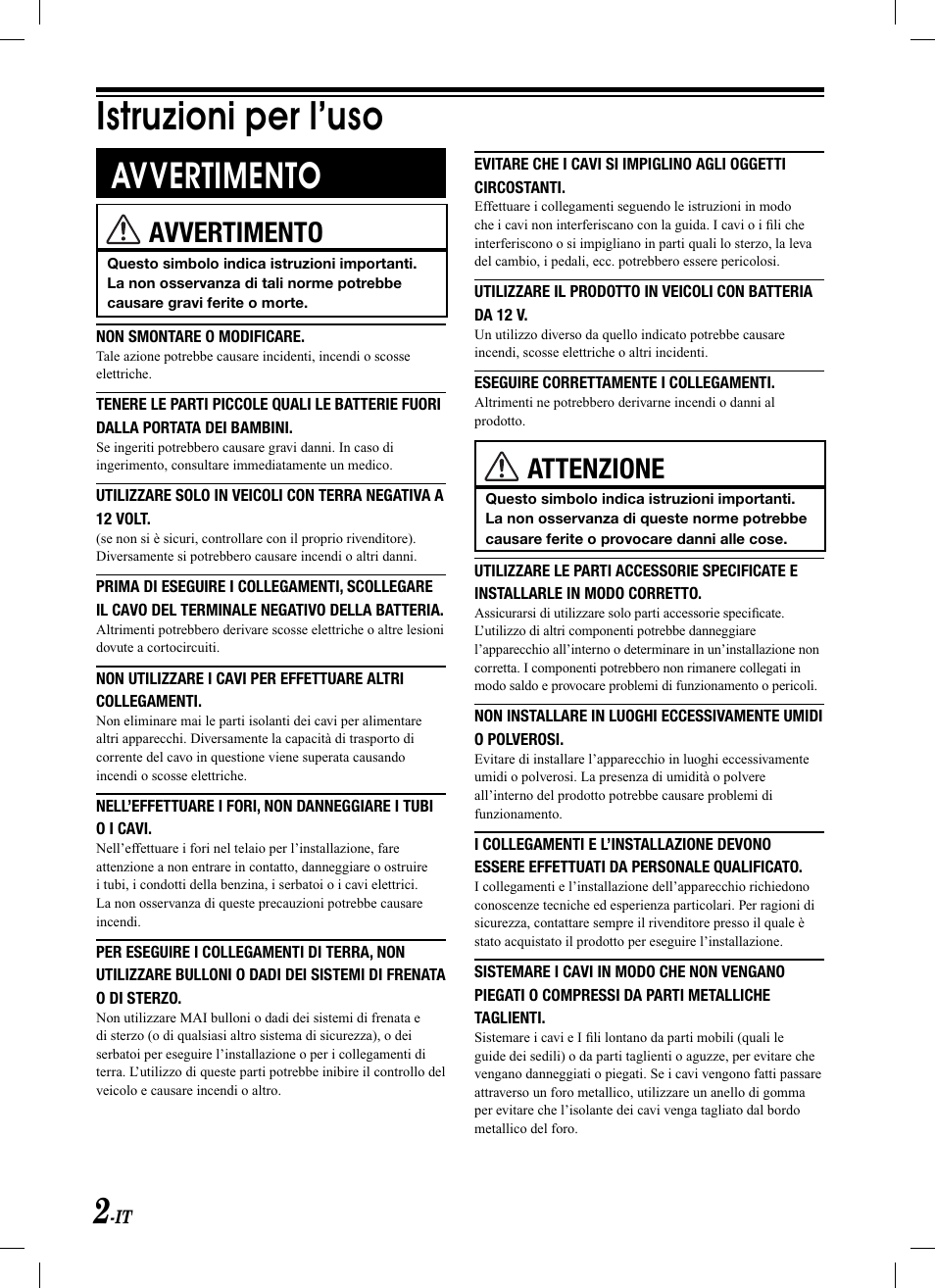 Istruzioni per l’uso, Avvertimento, Attenzione | Alpine KCA-620M User Manual | Page 32 / 44