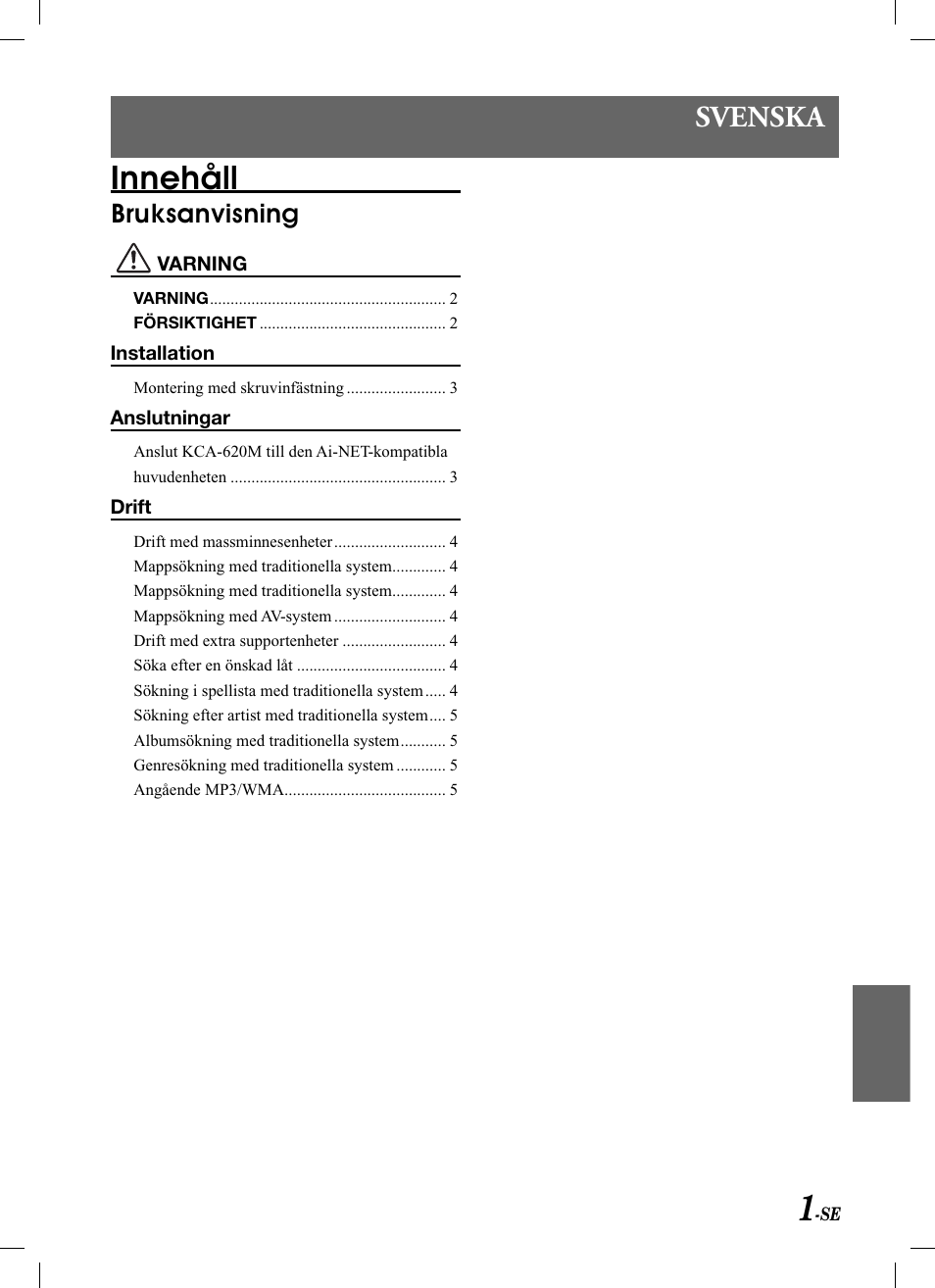 Innehåll, Svenska, Bruksanvisning | Alpine KCA-620M User Manual | Page 37 / 44