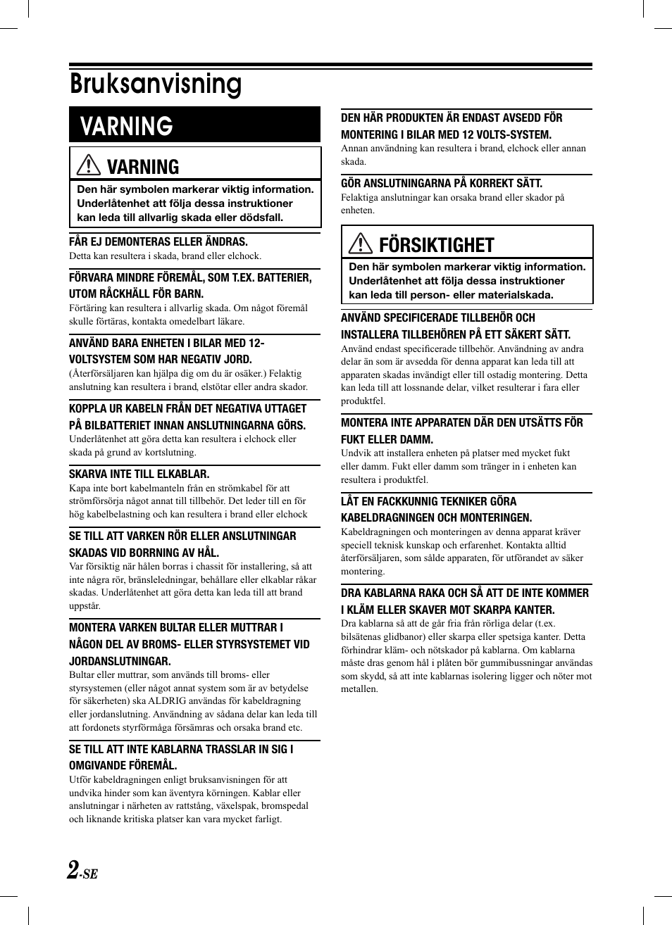 Bruksanvisning, Varning, Försiktighet | Alpine KCA-620M User Manual | Page 38 / 44