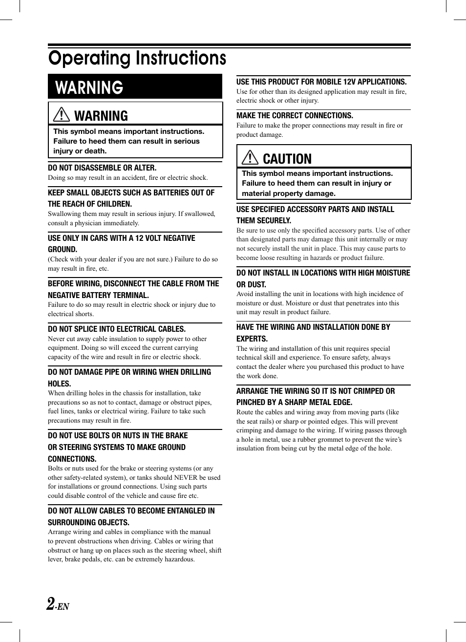 Operating instructions, Warning, Caution | Alpine KCA-620M User Manual | Page 4 / 44