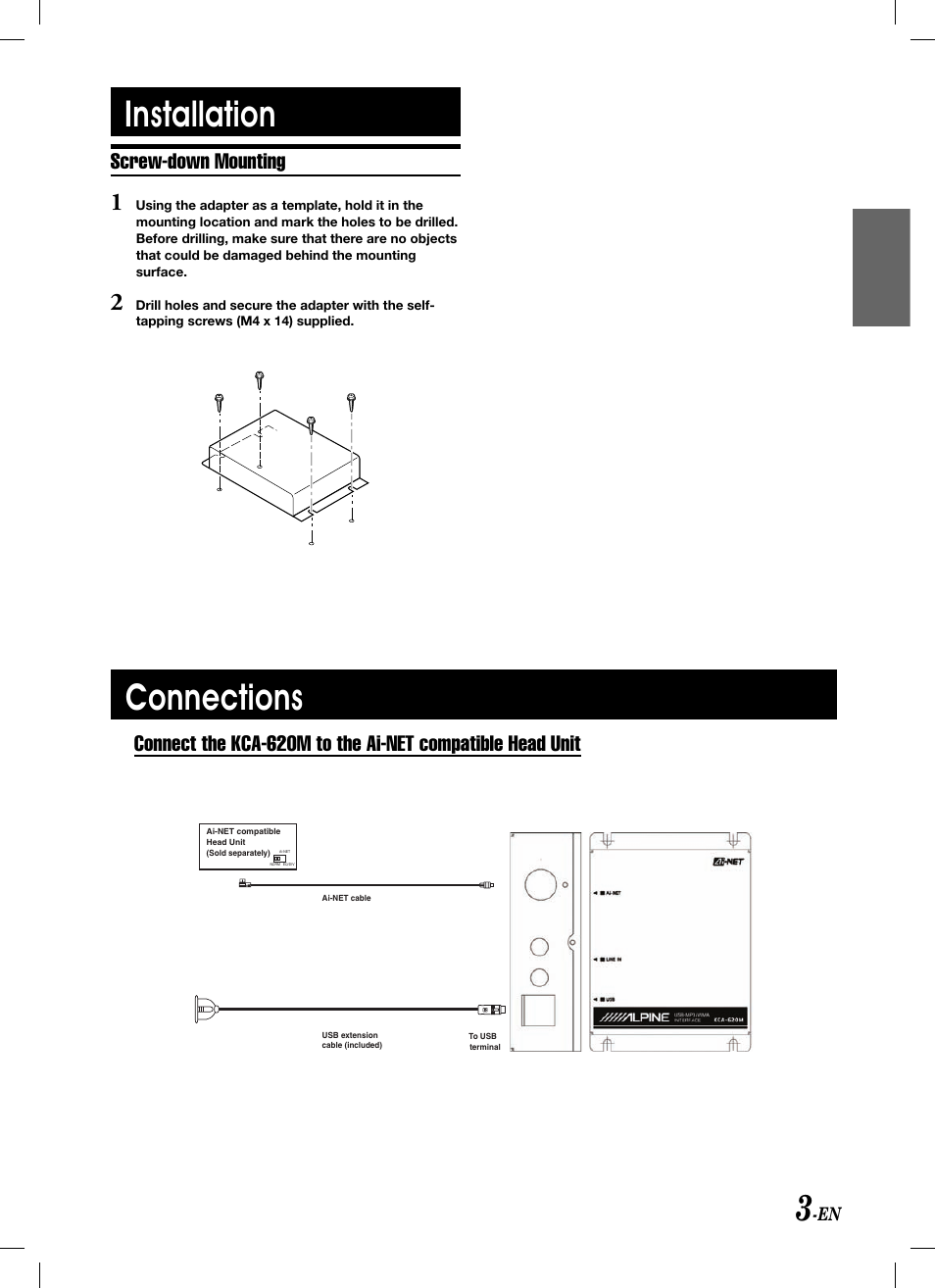 Installation, Connections, Screw-down mounting | Alpine KCA-620M User Manual | Page 5 / 44