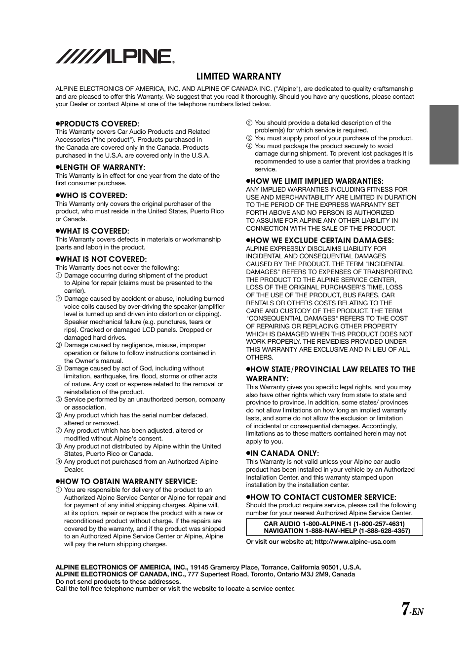 Limited warranty | Alpine KCA-620M User Manual | Page 9 / 44