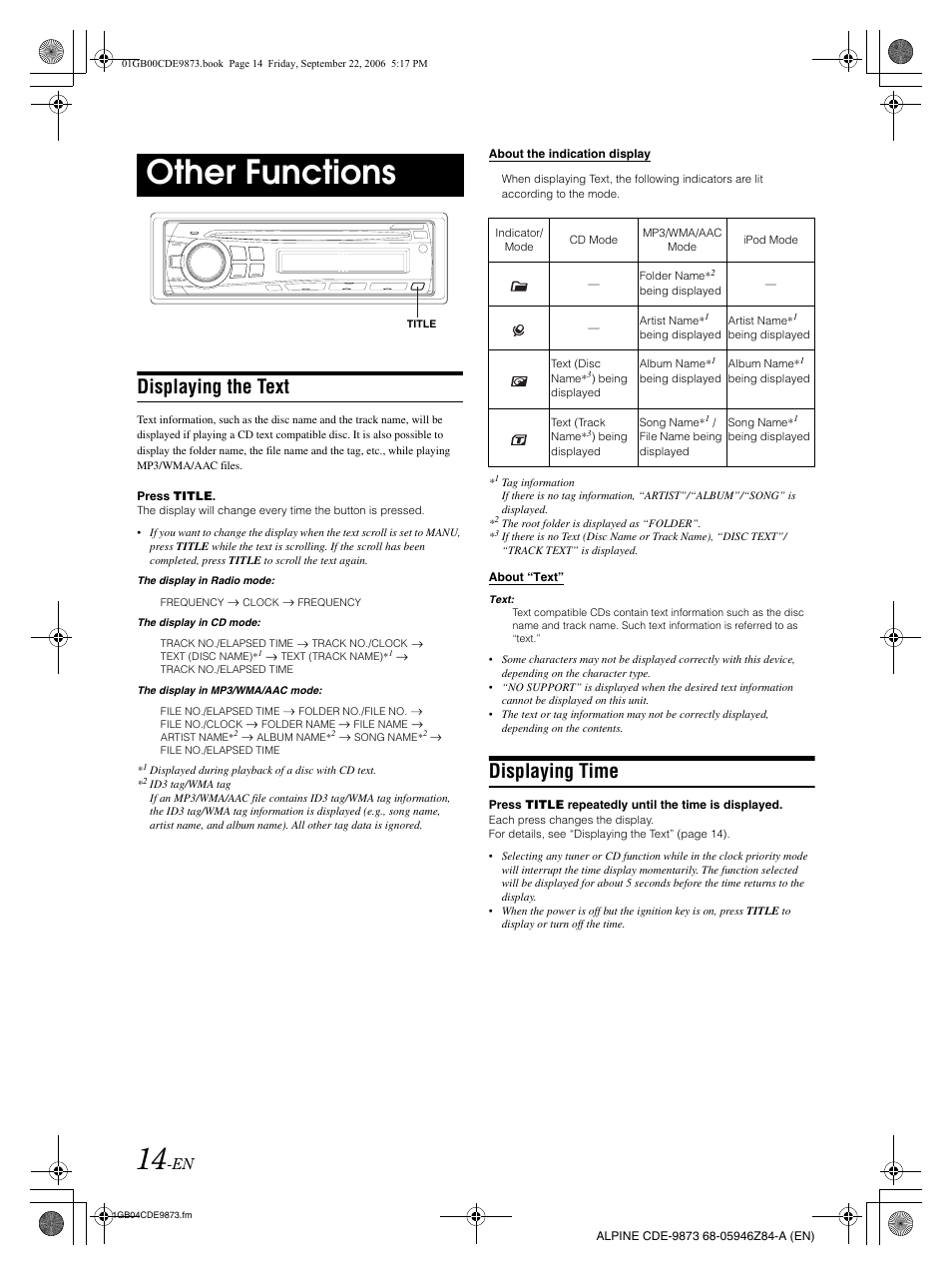 Other functions, Displaying the text, Displaying time | Alpine CDE-9873 User Manual | Page 16 / 88