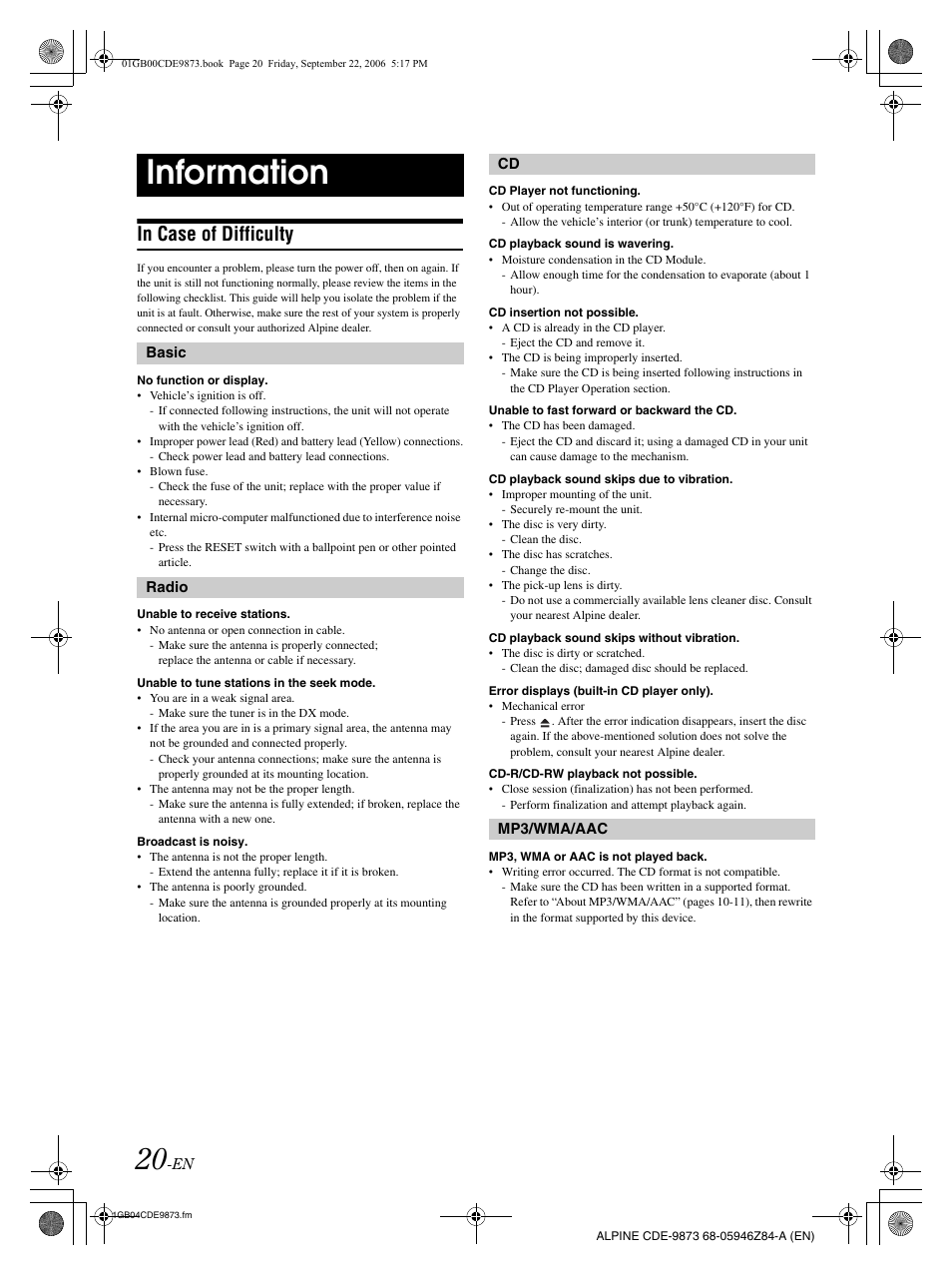 Information | Alpine CDE-9873 User Manual | Page 22 / 88