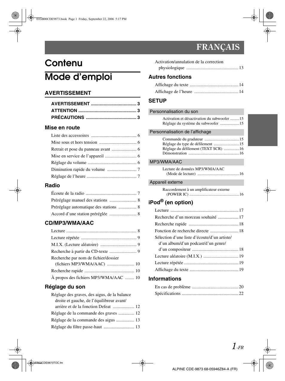 Contenu mode d’emploi, Français | Alpine CDE-9873 User Manual | Page 32 / 88