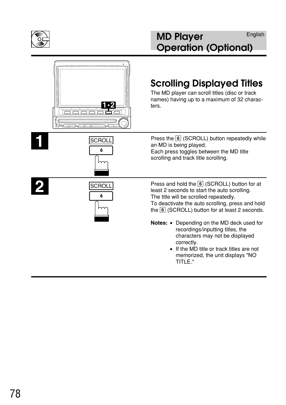 Md player operation (optional), Scrolling displayed titles | Alpine IVA-C800E User Manual | Page 38 / 115