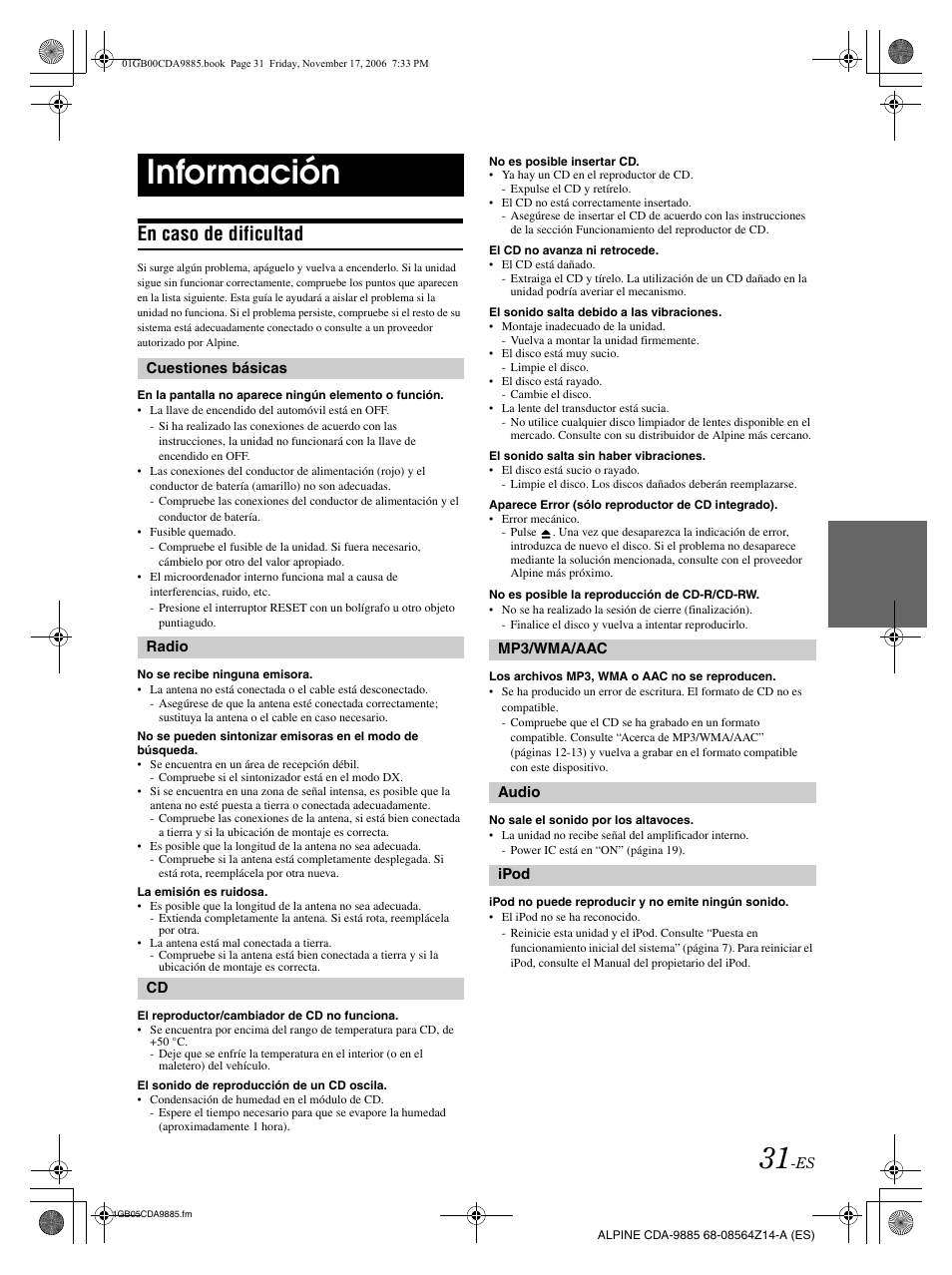 Información, En caso de dificultad | Alpine CDA-9885 User Manual | Page 111 / 118