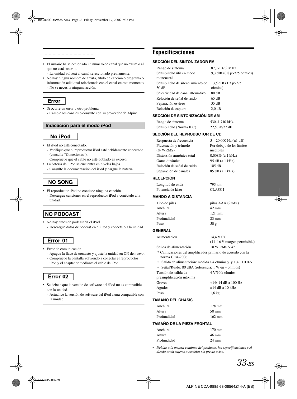 Especificaciones | Alpine CDA-9885 User Manual | Page 113 / 118
