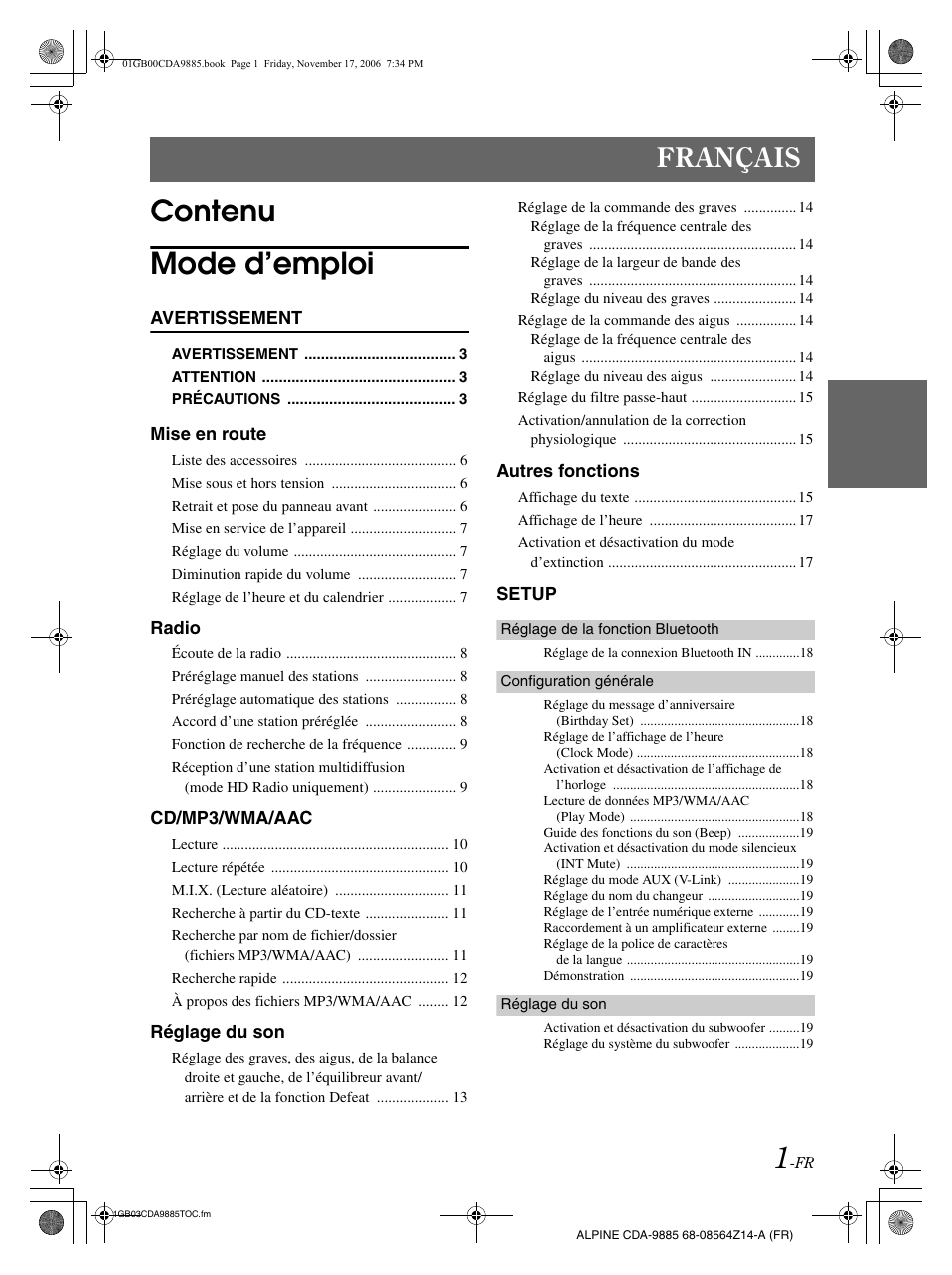 Contenu mode d’emploi, Français | Alpine CDA-9885 User Manual | Page 42 / 118