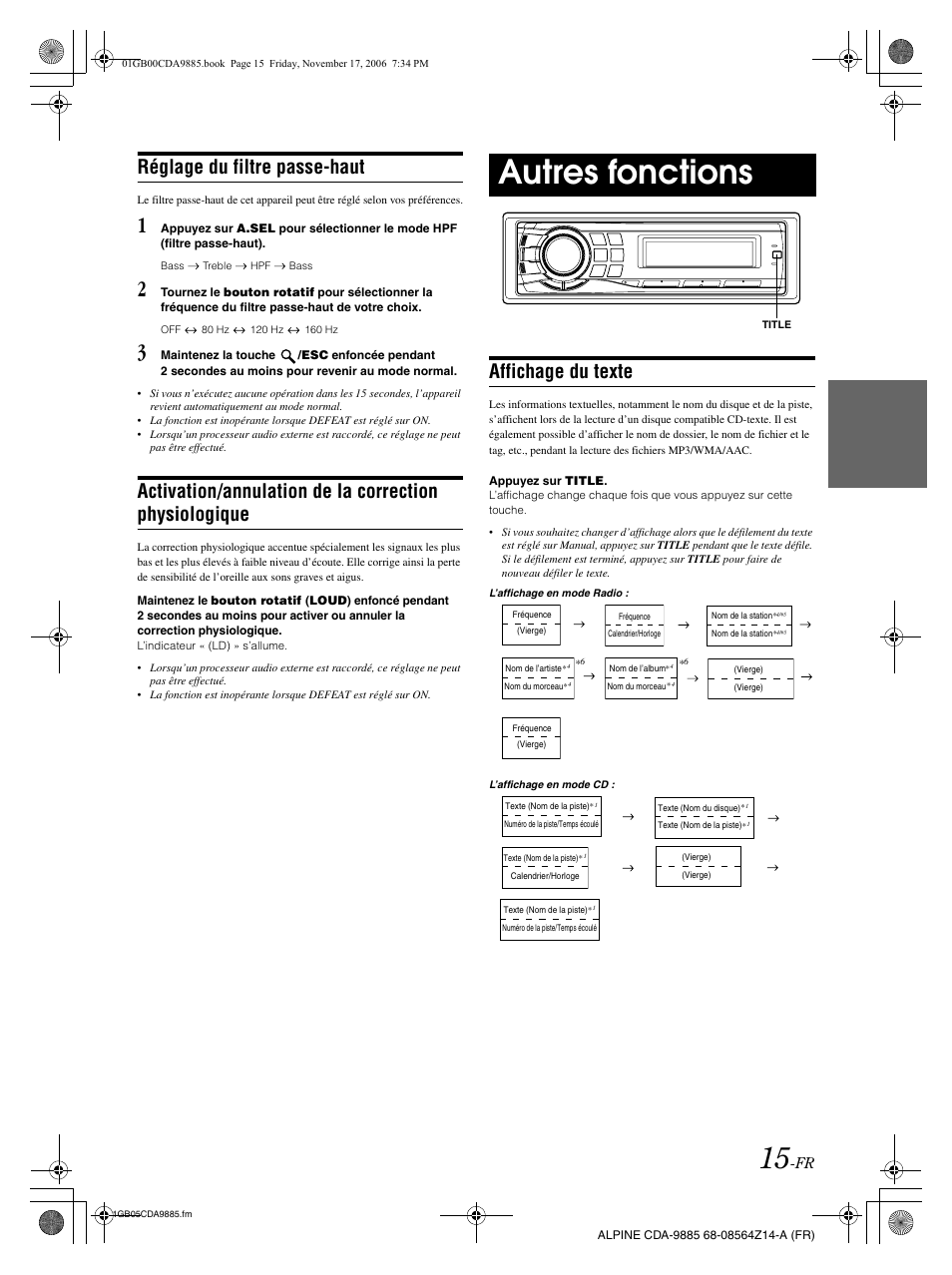 Autres fonctions, Réglage du filtre passe-haut, Affichage du texte | Alpine CDA-9885 User Manual | Page 56 / 118