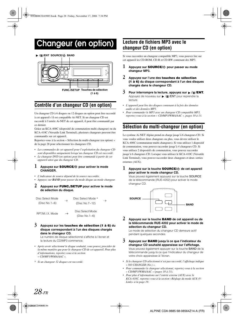Changeur (en option), Contrôle d’un changeur cd (en option), Sélection du multi-changeur (en option) | Alpine CDA-9885 User Manual | Page 69 / 118