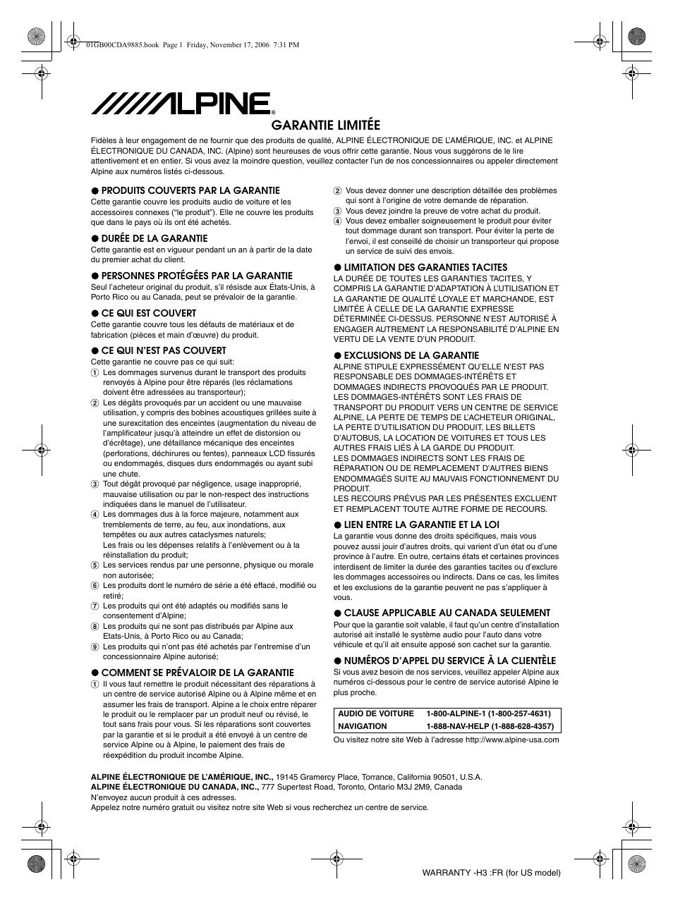 Garantie limitée | Alpine CDA-9885 User Manual | Page 80 / 118