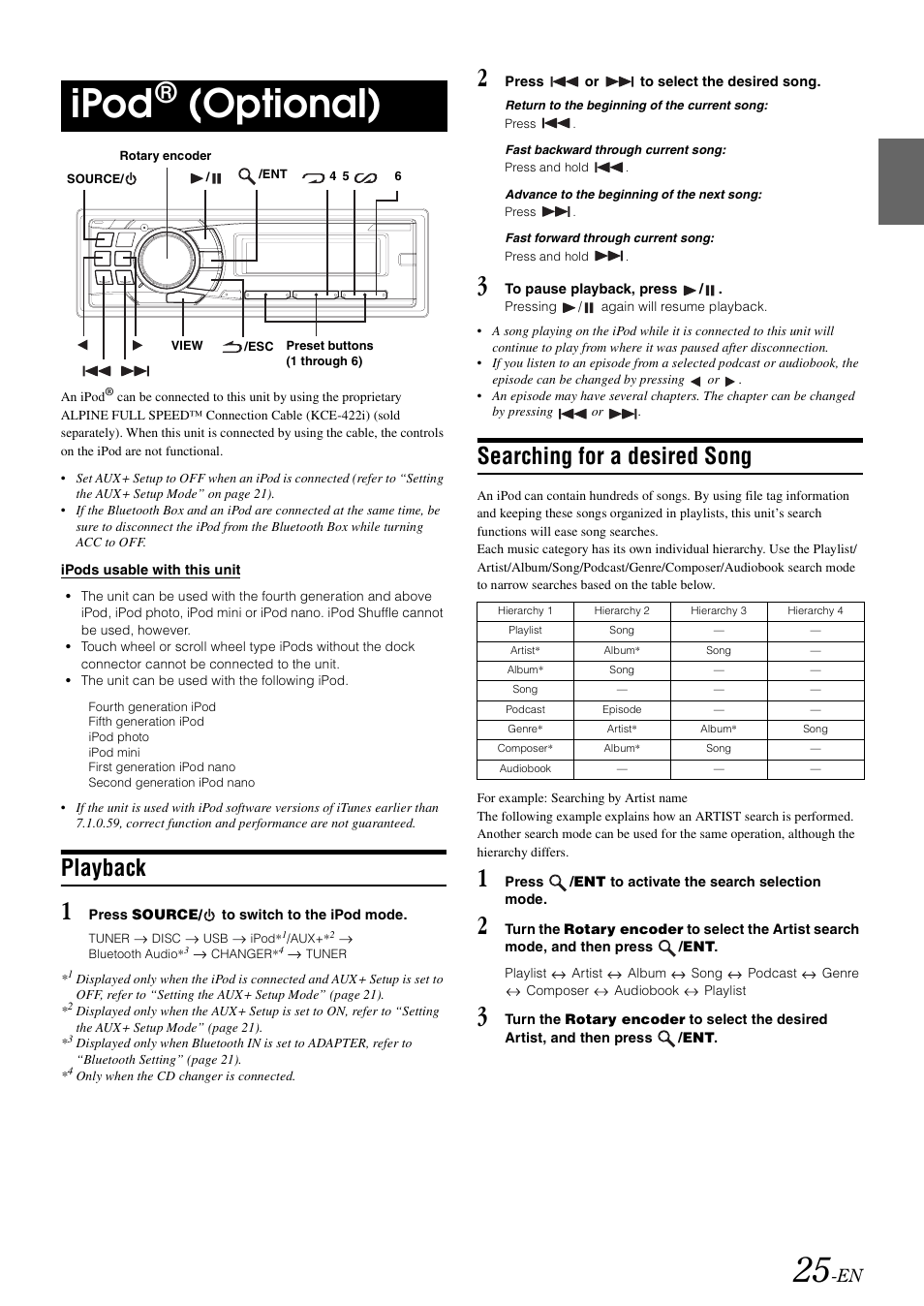Ipod® (optional), Playback, Searching for a desired song | Ipod, Optional), Playback searching for a desired song | Alpine CDA-9886R User Manual | Page 27 / 49