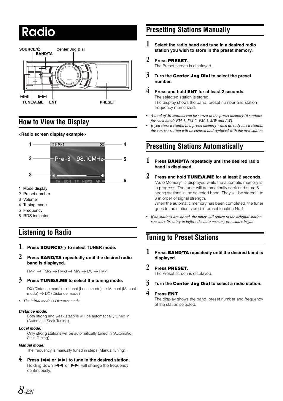 Radio, How to view the display, Listening to radio | Presetting stations manually, Presetting stations automatically, Tuning to preset stations | Alpine iDA-X001 User Manual | Page 10 / 35