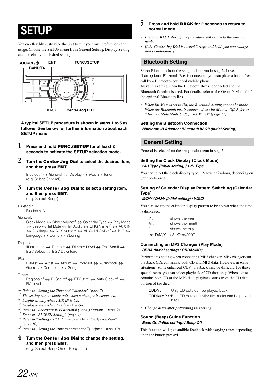 Setup, Bluetooth setting, General setting | Setting the bluetooth connection, Calendar type), Sound (beep), Guide function, Sound (beep) guide function | Alpine iDA-X001 User Manual | Page 24 / 35