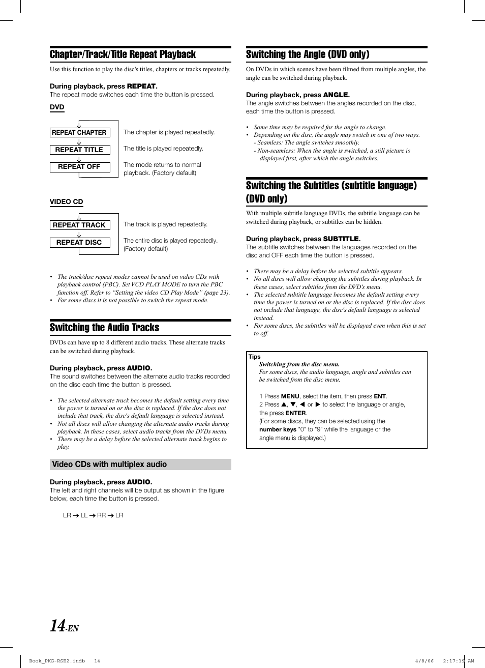 Chapter/track/title repeat playback, Switching the audio tracks, Switching the angle (dvd only) | Alpine PKG-RSE2 User Manual | Page 16 / 108