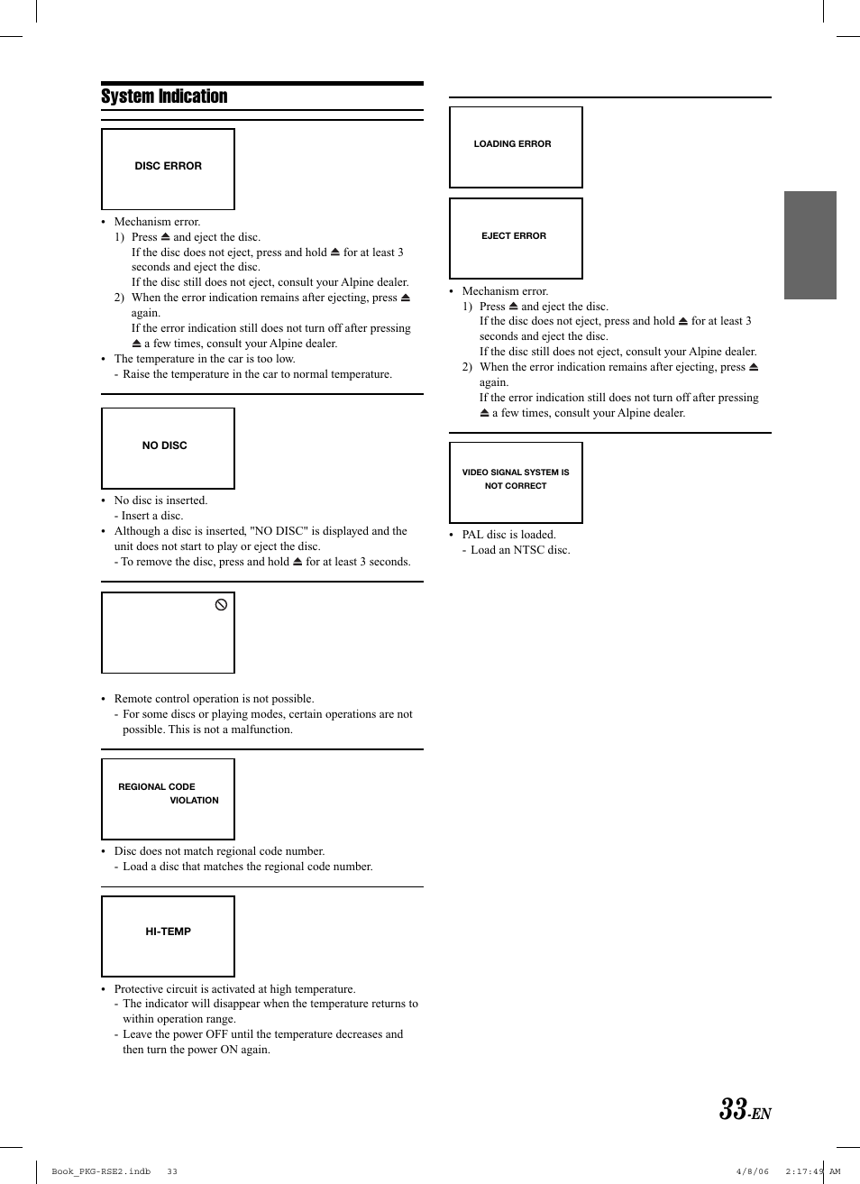 System indication | Alpine PKG-RSE2 User Manual | Page 35 / 108