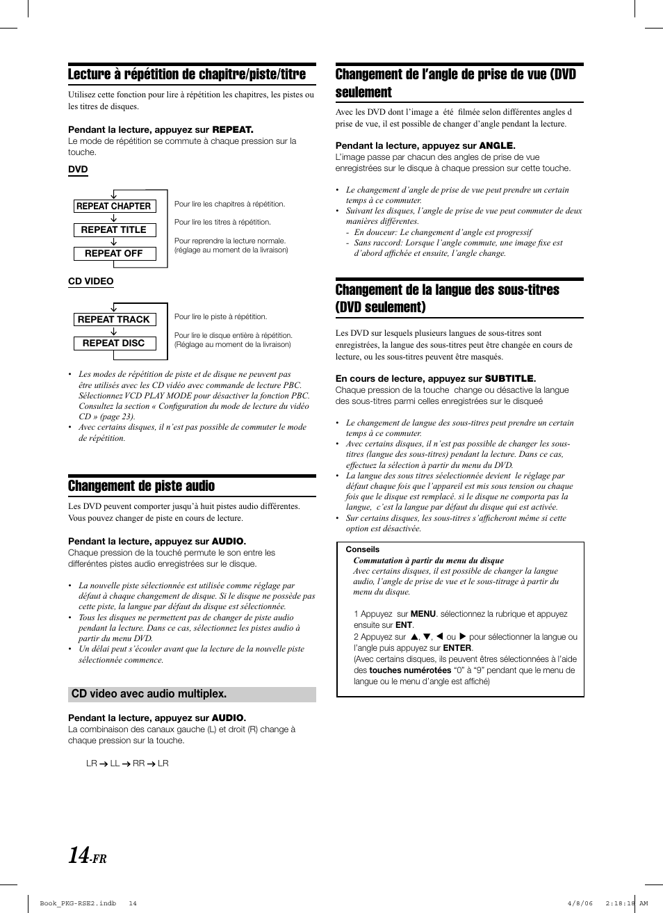 Lecture à répétition de chapitre/piste/titre, Changement de piste audio | Alpine PKG-RSE2 User Manual | Page 50 / 108