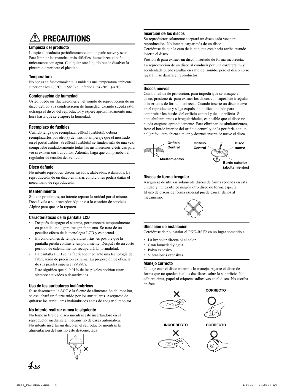 Precautions | Alpine PKG-RSE2 User Manual | Page 74 / 108