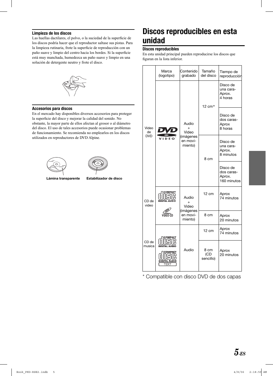 Discos reproducibles en esta unidad, Compatible con disco dvd de dos capas | Alpine PKG-RSE2 User Manual | Page 75 / 108