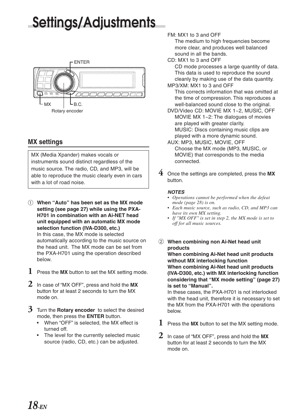 Settings/adjustments | Alpine MULTIMEDIA MANAGER PXA-H701 User Manual | Page 20 / 48