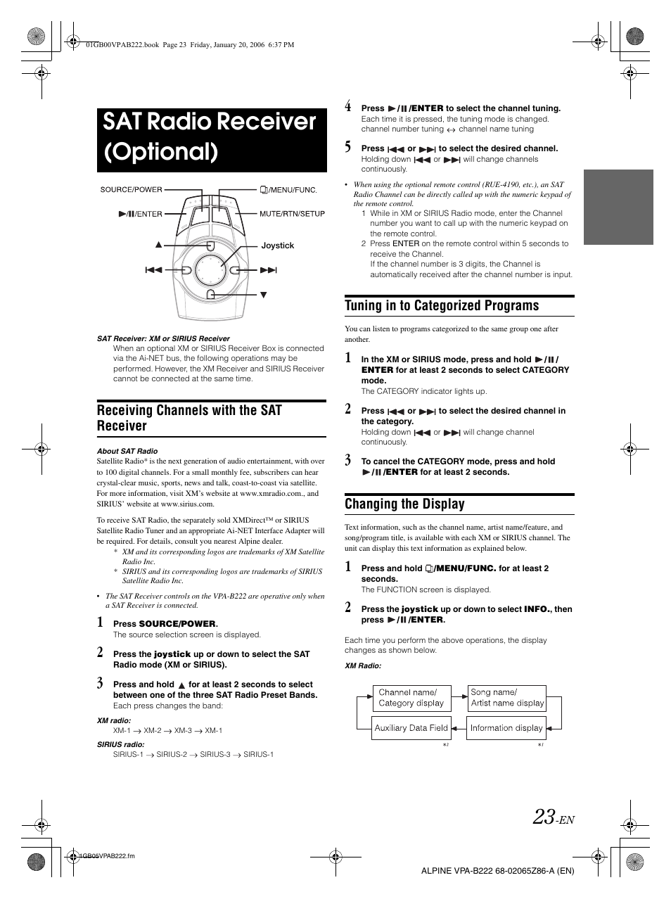 Sat radio receiver (optional), Receiving channels with the sat receiver, Tuning in to categorized programs | Changing the display | Alpine VPA-B222 User Manual | Page 25 / 61