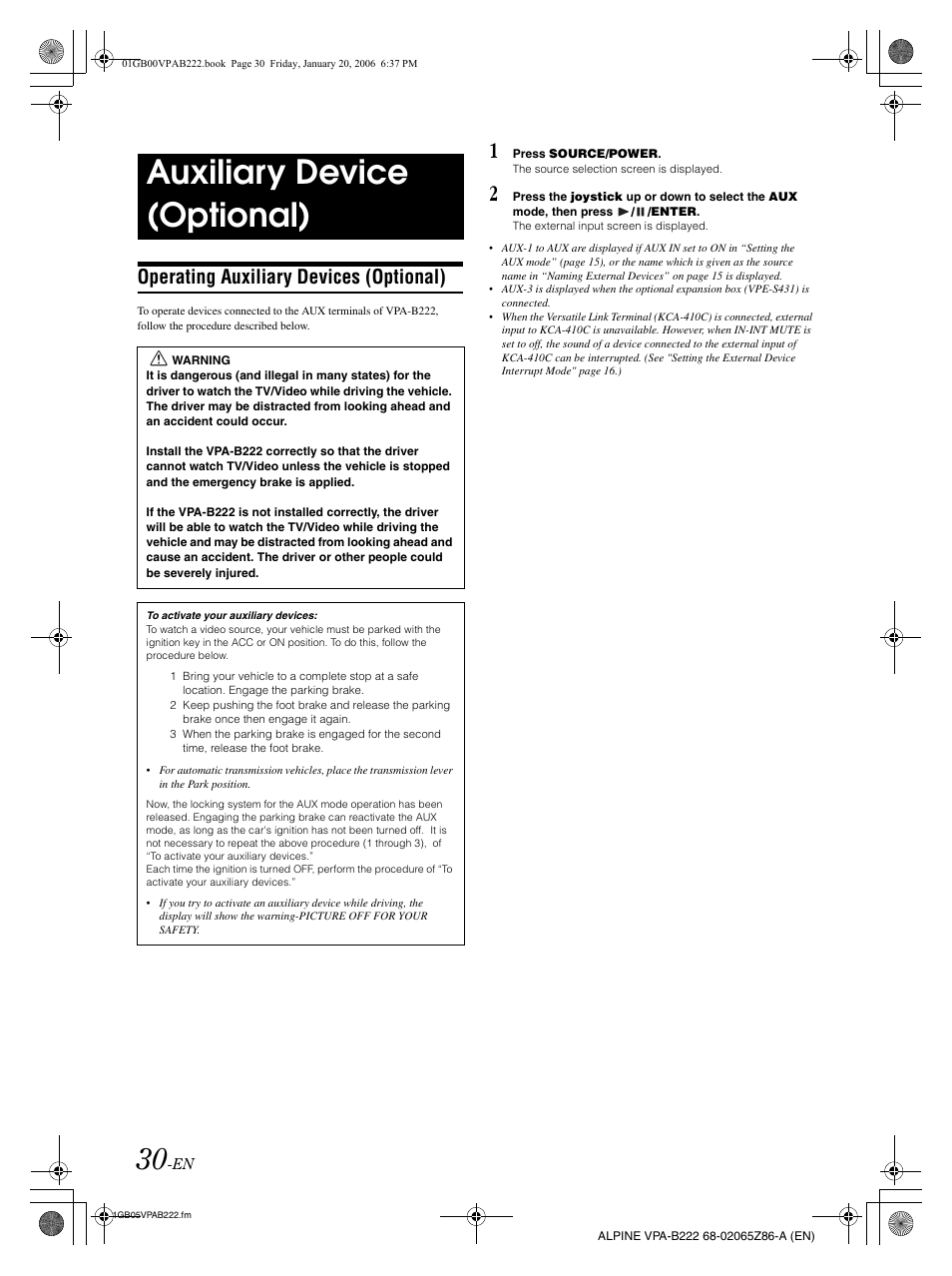 Auxiliary device (optional), Operating auxiliary devices (optional) | Alpine VPA-B222 User Manual | Page 32 / 61