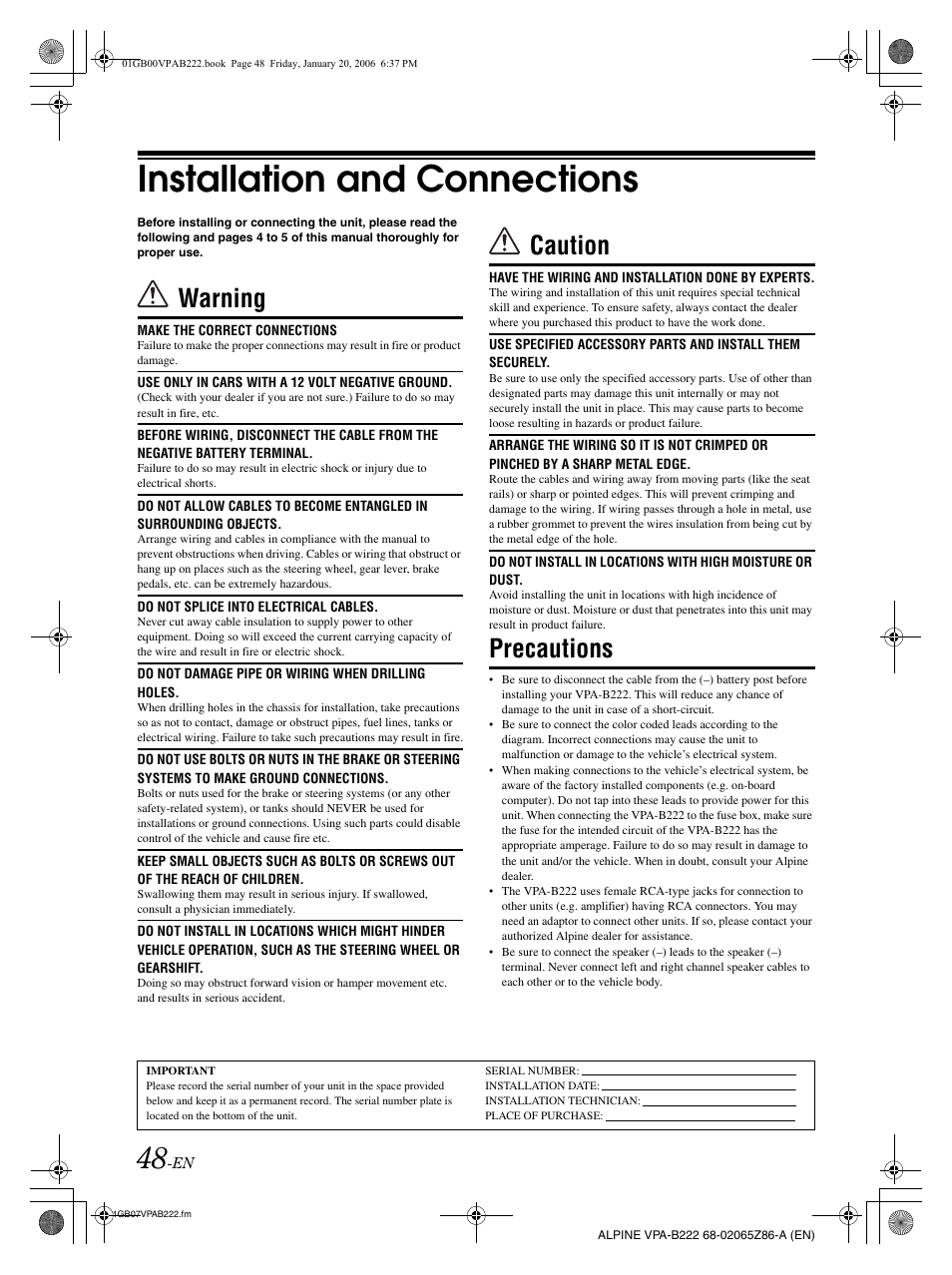 Installation and connections, Warning, Caution | Precautions | Alpine VPA-B222 User Manual | Page 50 / 61