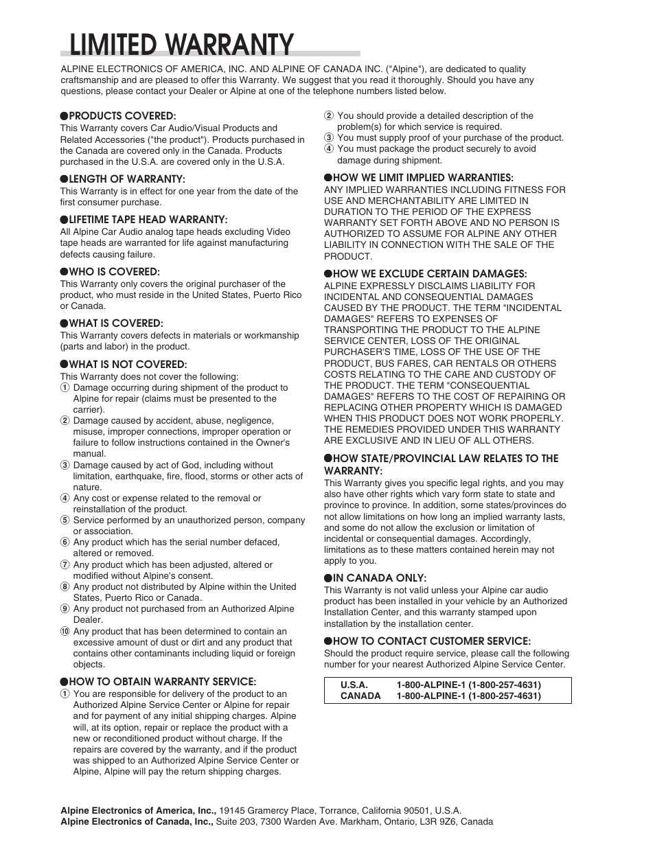 Warranty, Limited warranty | Alpine CDE-9841 User Manual | Page 25 / 27