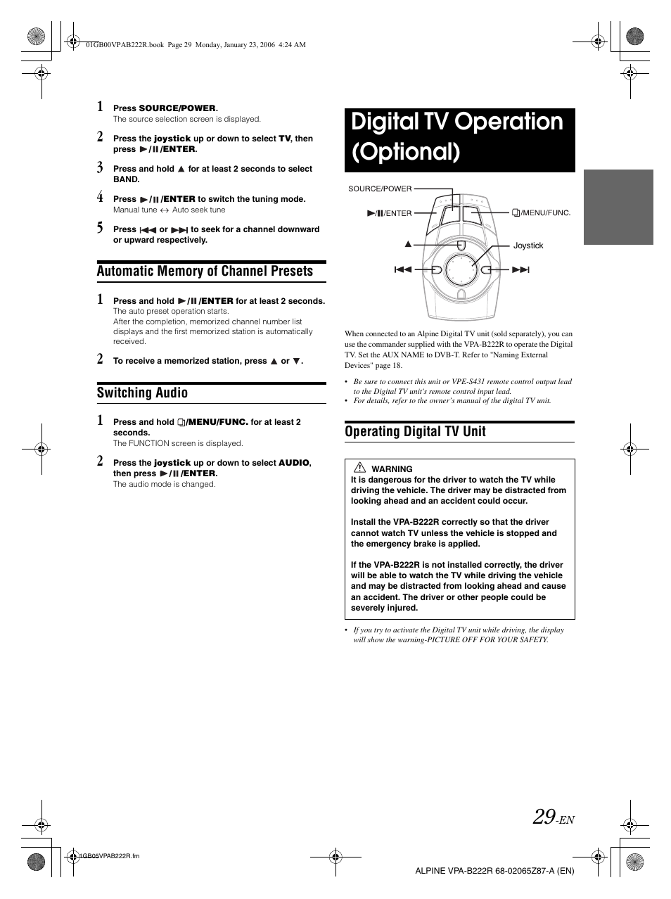 Digital tv operation (optional), Switching audio, Operating digital tv unit | Alpine VPA-B222R User Manual | Page 30 / 77