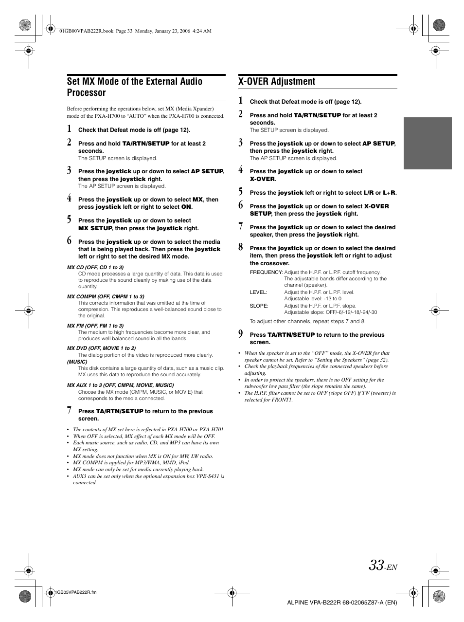 Set mx mode of the external audio processor, X-over adjustment | Alpine VPA-B222R User Manual | Page 34 / 77