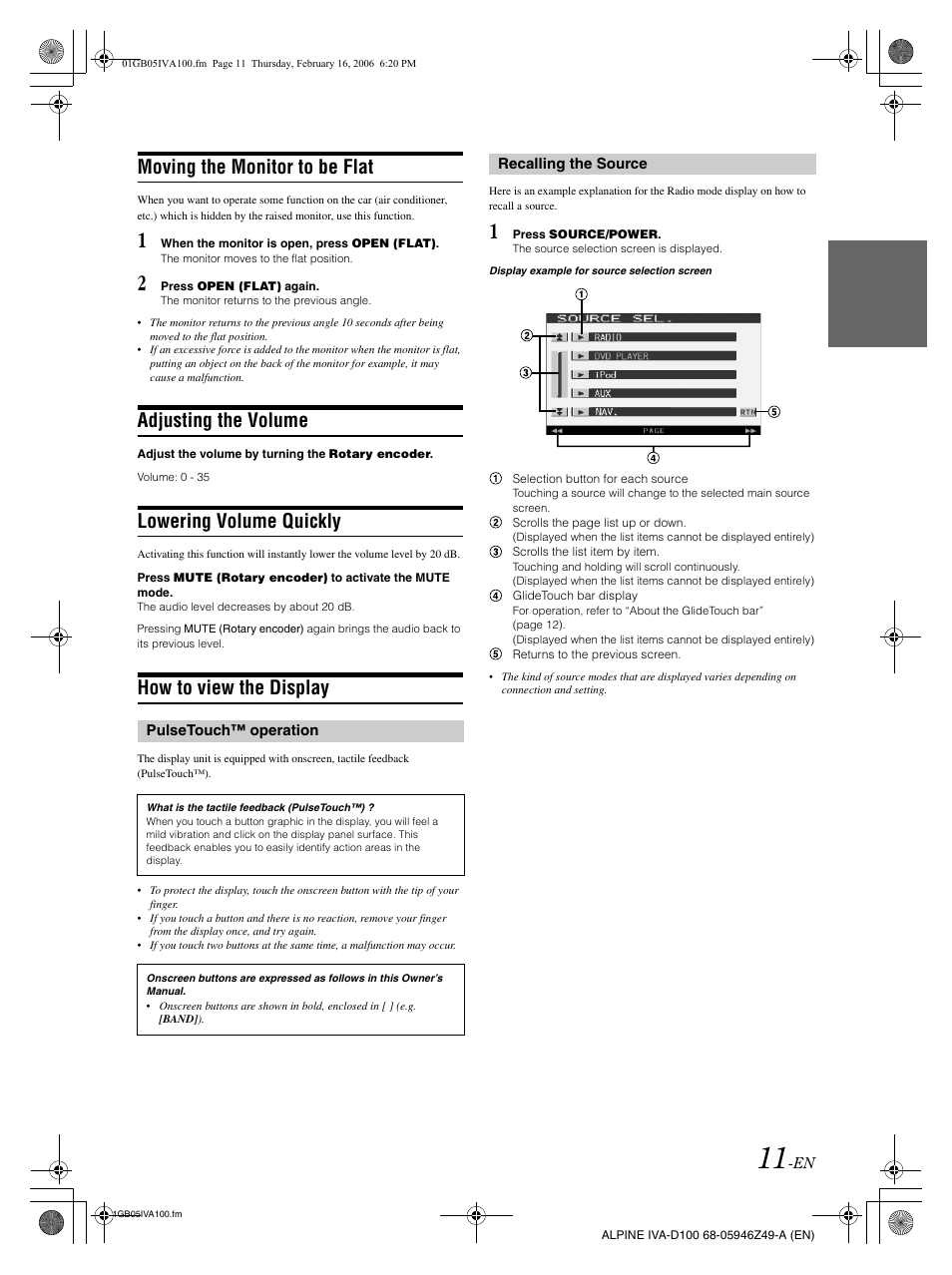 Moving the monitor to be flat, Adjusting the volume, Lowering volume quickly | How to view the display | Alpine IVA-D100 User Manual | Page 15 / 83